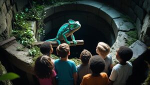 a group of kids looking at a chameleon